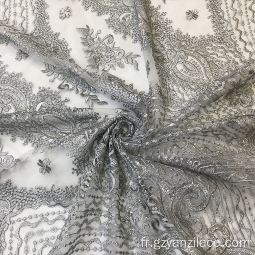 Tissus de broderie de fleurs à sequins gris brillants